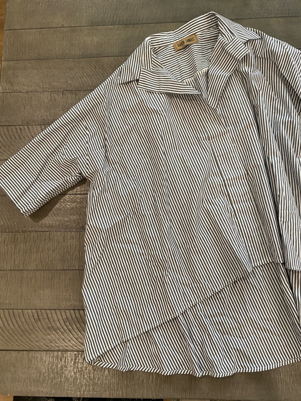 Karen Zambos Black and White Striped Button-Down Shirt